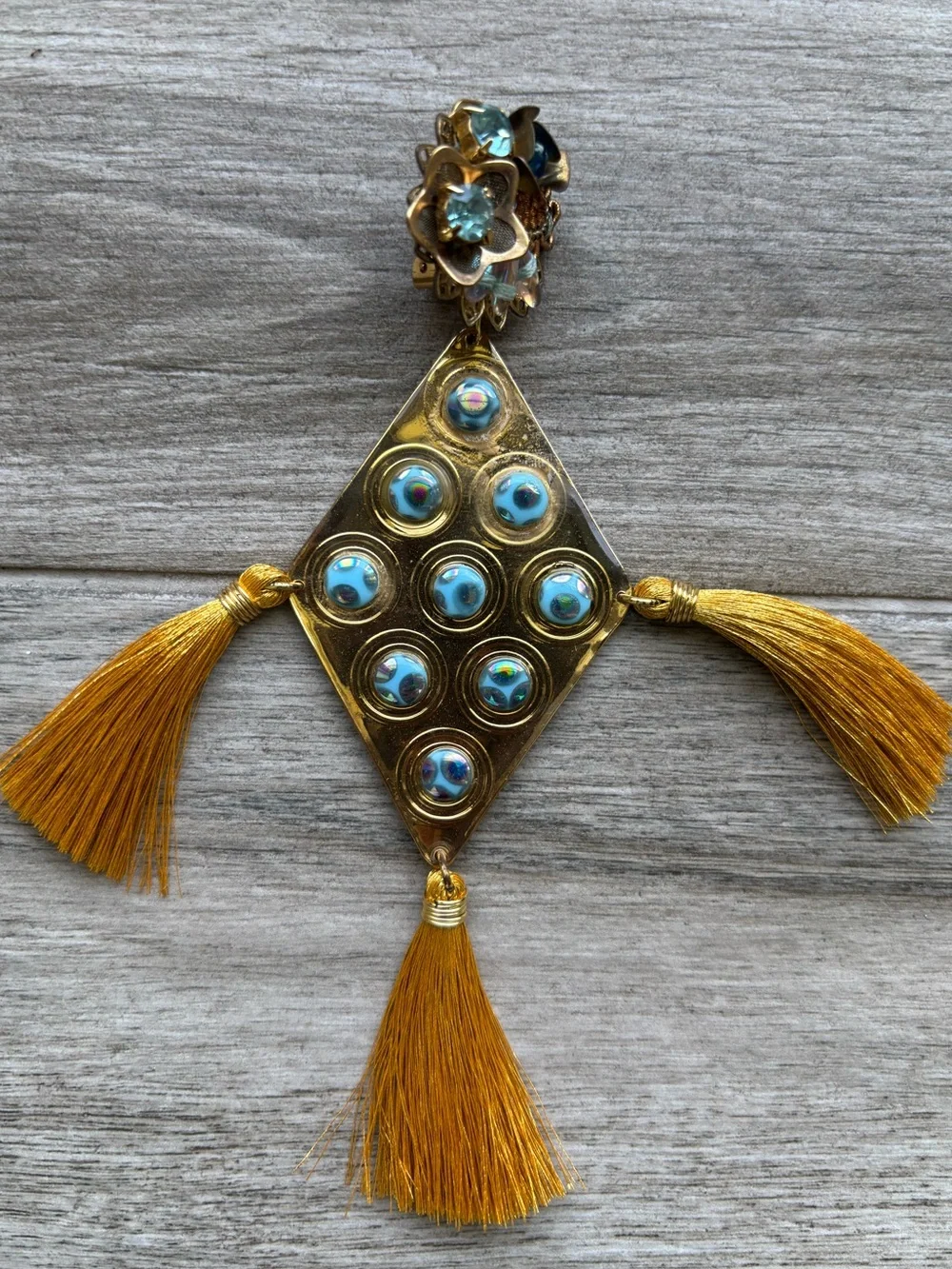 Mercedes Salazar Gold and Turquoise Tassel Drop Earrings Colombian
